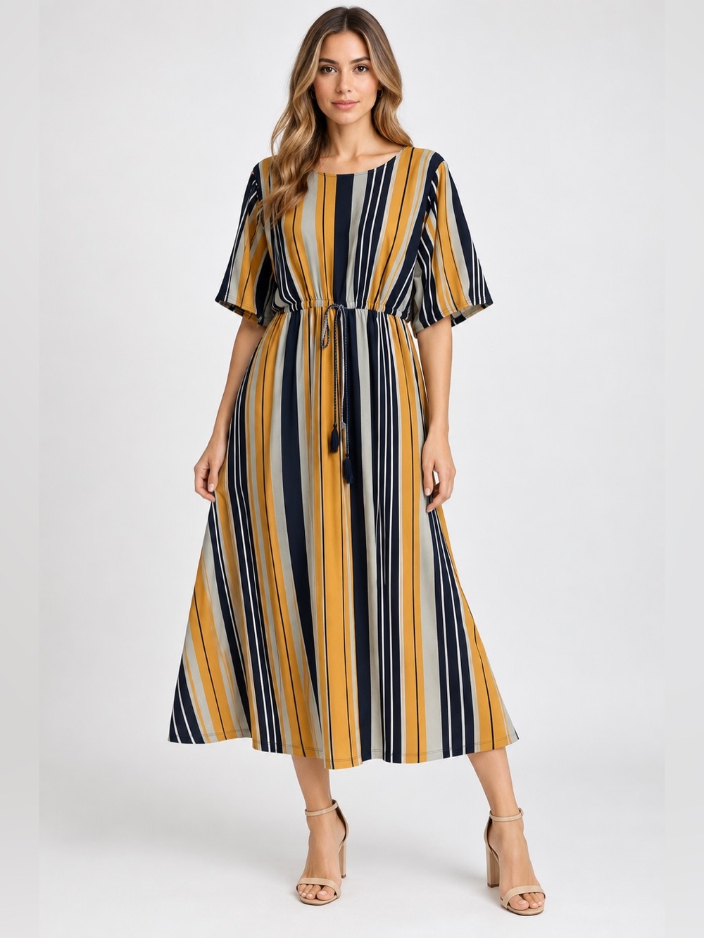 Azul by Moussy Striped Midi Dress M Mustard Yellow Navy Blue Boho Tassel‎ Waist